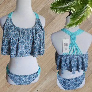EKOUER BLUE PRINT RUFFLE TWO PIECE SWIMSUIT